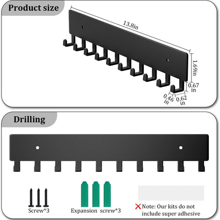 Wall Mount Key Holder with 10 Hooks – Key Rack for Entryway, Hallway, Office, Kitchen – Screw Mounted, Durable Key Organizer