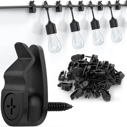 Outdoor String Lights Clips, Weatherproof Cable Hanger Hooks for Hanging Fairy Lights, Holiday Decor - Black, 50 Pack