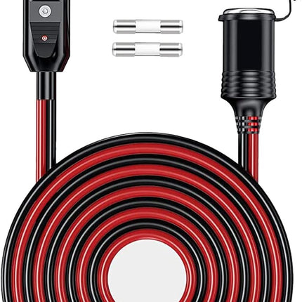 12V/24V 16AWG Heavy Duty Cigarette Lighter Extension Cable 13FT, 156W/15A Male Plug to Female Socket Adapter Extension Cord with LED Lights (Built-in 15A Fuse & 2 * 15A Spare Fuse)