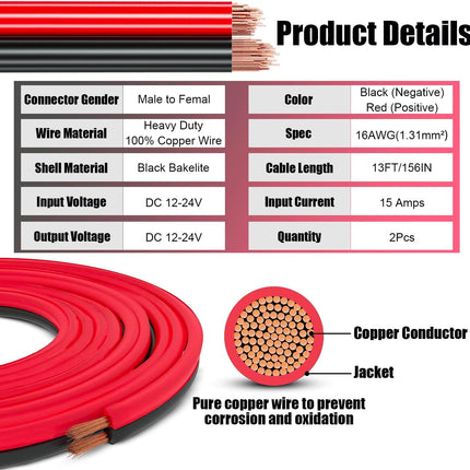 12V/24V 16AWG Heavy Duty Cigarette Lighter Extension Cable 13FT, 156W/15A Male Plug to Female Socket Adapter Extension Cord with LED Lights (Built-in 15A Fuse & 2 * 15A Spare Fuse)