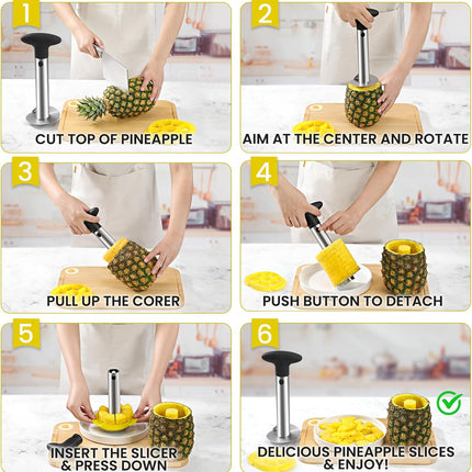 Premium Pineapple Corer and Slicer Tool - Pineapple Cutter with Sharp Serrated Tips - Easy to Use & Clean - Stainless Steel Core Remover for Pineapple - Slice and Core Fruits with Ease(Black)
