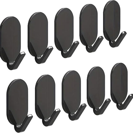 Heavy-Duty Adhesive Wall Hooks, 10-Pack - No-Drill, Damage-Free Installation for Multi-Purpose Use in Bathroom, Kitchen & More - Strong Hold, Black