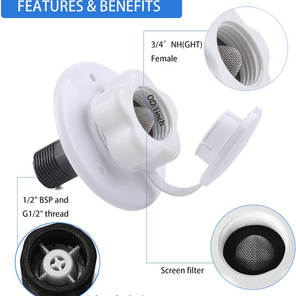 RV City Water Inlet with Check Valve, 1/2 inch BSP and G1/2 Thread RV Water Hose Connector with Dust Plug for RV Camper Trailer Marine RV City Water Connector