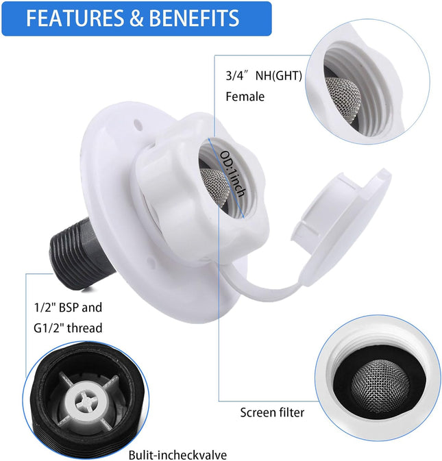 RV City Water Inlet with Check Valve 1/2 inch BSP and G1/2 Thread RV Water – product detail