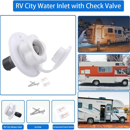 RV City Water Inlet with Check Valve, 1/2 inch BSP and G1/2 Thread RV Water Hose Connector with Dust Plug for RV Camper Trailer Marine RV City Water Connector