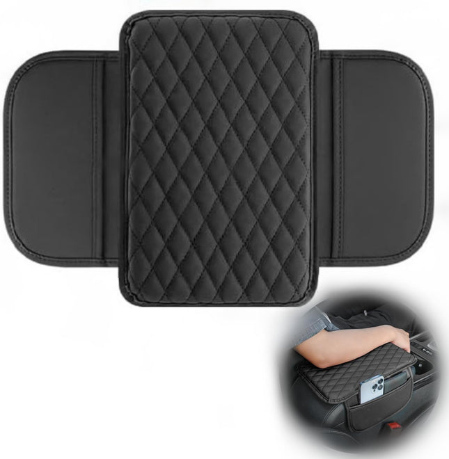 Thin Car Center Console Cover Leather Plus Memory Foam Car Armrest Cover with 2 Storage Bags in Black