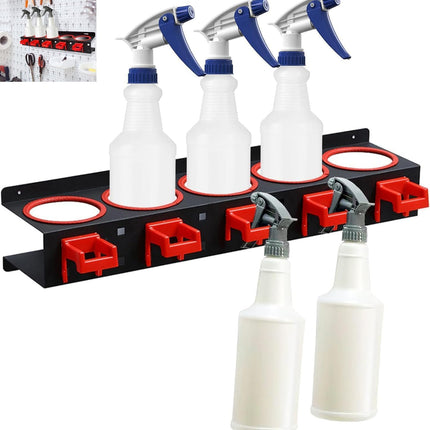 Spray Bottle Storage Rack, Wall-Mounted Spray Bottle Rack Holder, Garage Organizer Hanging Rail Car Beauty Shop Accessory Display Cleaning Detailing Tools Hanger with 5 Plastic Hanging Hooks