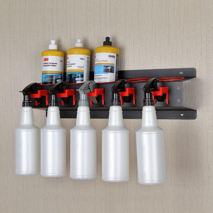 Spray Bottle Storage Rack, Wall-Mounted Spray Bottle Rack Holder, Garage Organizer Hanging Rail Car Beauty Shop Accessory Display Cleaning Detailing Tools Hanger with 5 Plastic Hanging Hooks