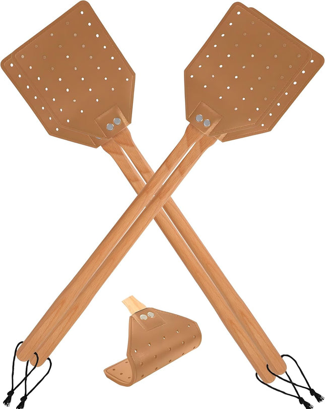 Leather Fly Swatter with Long Wooden Handle Durable Fly Catcher for Indoor & Outdoor Use Manual (2 in Brown