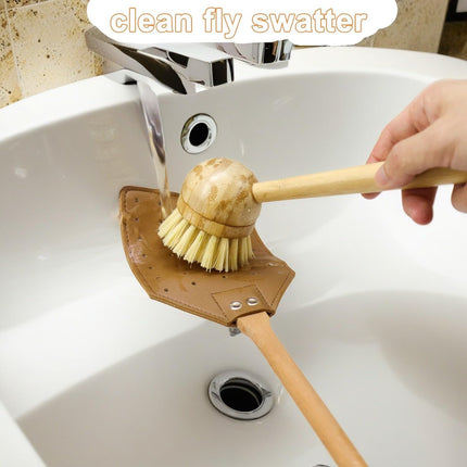 Leather Fly Swatter with Long Wooden Handle, Durable Fly Catcher for Indoor & Outdoor Use, Manual Insect Swatter for Wasps, Horseflies, and Spiders with Hanging Rope (2, Brown)