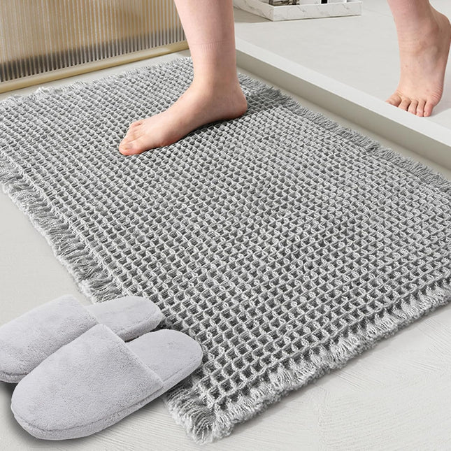 Grey Waffle Bath Mat Super Absorbent Non Slip Bathroom Rug Gray 18x30inch Machine Washable Ultra Soft Floor