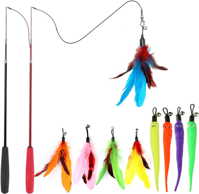 Huidcom Cat Feather Toy Retractable Cat Toys Wand with 2 Wands & 9 Assorted Teaser V1259-DP01-A-3963
