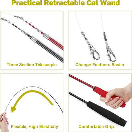 Huidcom Cat Feather Toy Retractable Cat Toys Wand with 2 Wands & 9 Assorted Teaser Refills Interactive Feather Teaser Wand Toy with Bell for Kitten Or Cat Having Fun Exerciser Playing