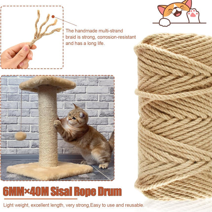 50M Sisal Rope for Cat Scratchers, Cat Scratching Sisal Rope 6mm Natural Jute Hemp Rope, Ideal for Replace Scratching Post, Repair Cat Tree, DIY Projects