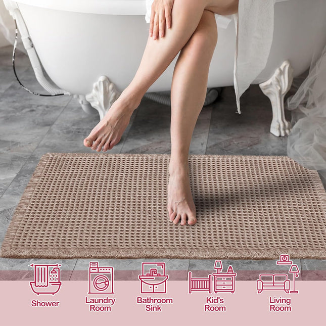 Tan Waffle Bath Mat Super Absorbent Non Slip Bathroom Rug Brown 18x30inch Machine Washable Ultra Soft – product detail