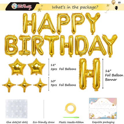 23pcs Birthday Balloons Banner, 3D Gold Premium Mylar Foil Ecofriendly Letter Happy Birthday Banner with 5pcs Star Balloons Kits for Kids Girls Boys Men Adults Birthday Party Decorations US7GD