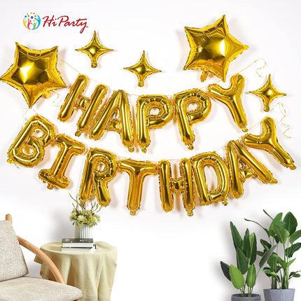 23pcs Birthday Balloons Banner, 3D Gold Premium Mylar Foil Ecofriendly Letter Happy Birthday Banner with 5pcs Star Balloons Kits for Kids Girls Boys Men Adults Birthday Party Decorations US7GD