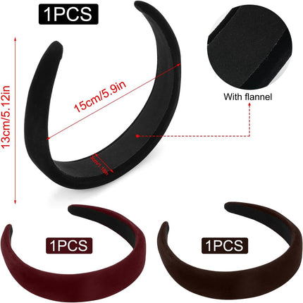 Thick Velvet Headband, 3Pcs Velvet Headbands for Women, 90s Hair Accessories Wide Padded Headbands, Solid Velvet Bezel Headband Fashion Elastic Head Bands for Women's Hair, Girls Velvet Headband