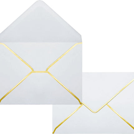 5x7 Envelopes for Invitations with Gold Border, 50 Pack A7 Envelopes with V-Flap, Self Seal Greeting Card Gift Card Envelopes Invitation Envelopes for Wedding, Graduation, Baby Shower, Party (White)
