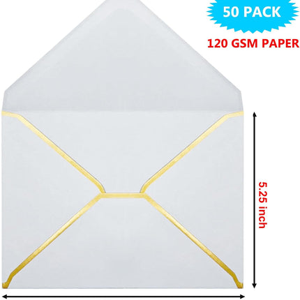 5x7 Envelopes for Invitations with Gold Border, 50 Pack A7 Envelopes with V-Flap, Self Seal Greeting Card Gift Card Envelopes Invitation Envelopes for Wedding, Graduation, Baby Shower, Party (White)