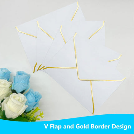 5x7 Envelopes for Invitations with Gold Border, 50 Pack A7 Envelopes with V-Flap, Self Seal Greeting Card Gift Card Envelopes Invitation Envelopes for Wedding, Graduation, Baby Shower, Party (White)