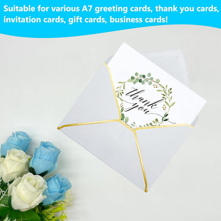 5x7 Envelopes for Invitations with Gold Border, 50 Pack A7 Envelopes with V-Flap, Self Seal Greeting Card Gift Card Envelopes Invitation Envelopes for Wedding, Graduation, Baby Shower, Party (White)
