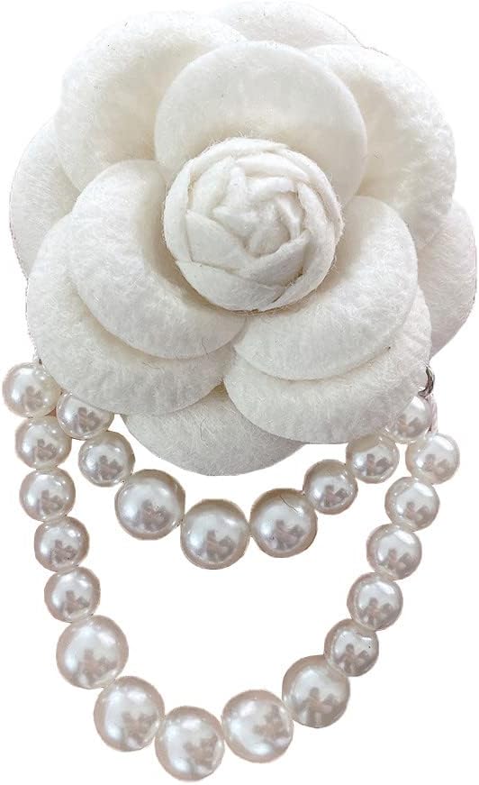 Fabric Camellia Flower Brooch Pins Pearl Tassel Corsage Jewelry Brooches for Women Shirt Collar