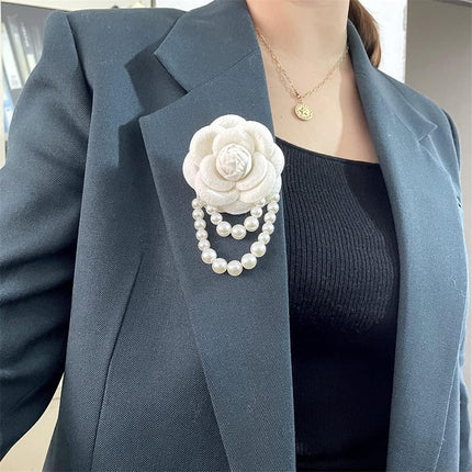 Fabric Camellia Flower Brooch Pins Pearl Tassel Corsage Jewelry Brooches for Women Shirt Collar Clothing Accessories Party Wedding Gifts, Alloy Steel, no gemstone