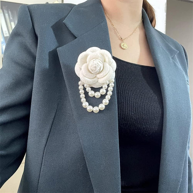Fabric Camellia Flower Brooch Pins Pearl Tassel Corsage Jewelry Brooches for Women Shirt Collar – product detail