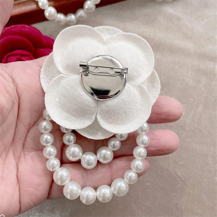 Fabric Camellia Flower Brooch Pins Pearl Tassel Corsage Jewelry Brooches for Women Shirt Collar Clothing Accessories Party Wedding Gifts, Alloy Steel, no gemstone