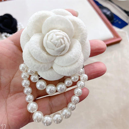 Fabric Camellia Flower Brooch Pins Pearl Tassel Corsage Jewelry Brooches for Women Shirt Collar Clothing Accessories Party Wedding Gifts, Alloy Steel, no gemstone
