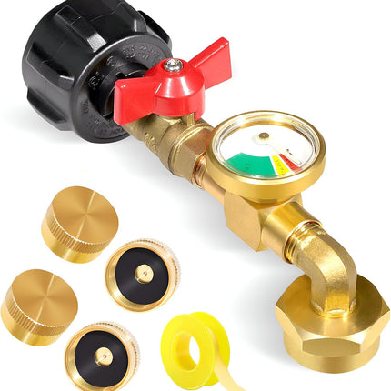 Propane Refill Adapter 20lb to 1lb Camping, 90 Degree Upgrade Propane Tank Adapter 20lb to 1lb Converter with Gauge and Control Valve for Propane Heater Grill Stove, 4 Caps Included,Solid Brass