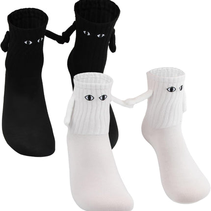 2 Pairs Hand In Hand Socks, Funny Magnetic Socks, Couple Holding Hands Socks, Friendship Socks, Novelty Socks for Women Men,Cute Socks with Eyes (White+Black)