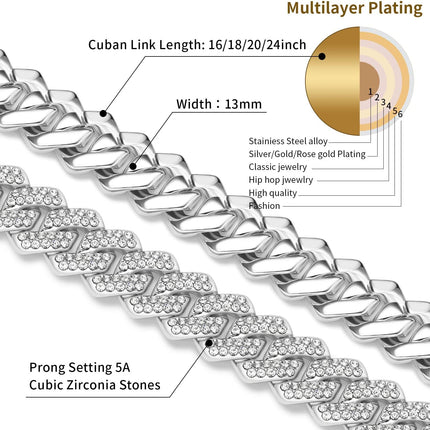 13mm Cuban Link Chain For Men Women Iced Out Chain Miami Cuban Necklace Bling Diamond Chains Hip Hop Jewelry