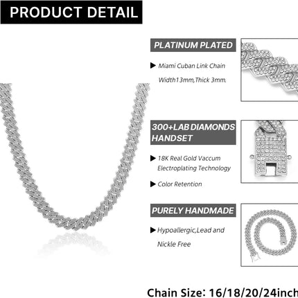 13mm Cuban Link Chain For Men Women Iced Out Chain Miami Cuban Necklace Bling Diamond Chains Hip Hop Jewelry