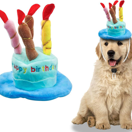 Dog Birthday Hat, Soft Plush Pet Birthday Cake Hat with 5 Colored Candles Cute Cat Birthday Party Hat for Pet Birthday Party (Blue)