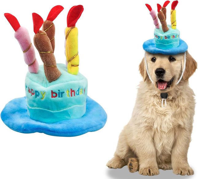 Dog Birthday Hat Soft Plush Pet Birthday Cake Hat with 5 Colored Candles Cute Cat Birthday in Blue