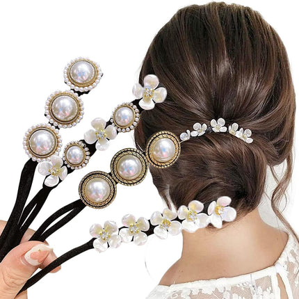 Hair Bun Maker, Deft Bun, 4PCS Women Magic Hair Bun Maker with Peal and Flower, Magic Twist Hairpin Lazy Curler Reusable Bun Hair Accessories for Women Girls,French Twist Hairstyle Donut bun Former Maker Hairstyle (Black and white)