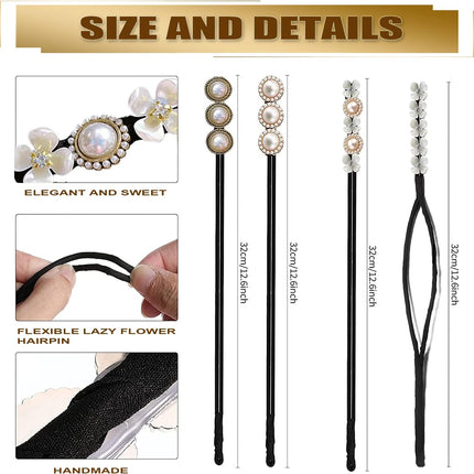 Hair Bun Maker, Deft Bun, 4PCS Women Magic Hair Bun Maker with Peal and Flower, Magic Twist Hairpin Lazy Curler Reusable Bun Hair Accessories for Women Girls,French Twist Hairstyle Donut bun Former Maker Hairstyle (Black and white)