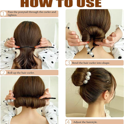 Hair Bun Maker, Deft Bun, 4PCS Women Magic Hair Bun Maker with Peal and Flower, Magic Twist Hairpin Lazy Curler Reusable Bun Hair Accessories for Women Girls,French Twist Hairstyle Donut bun Former Maker Hairstyle (Black and white)