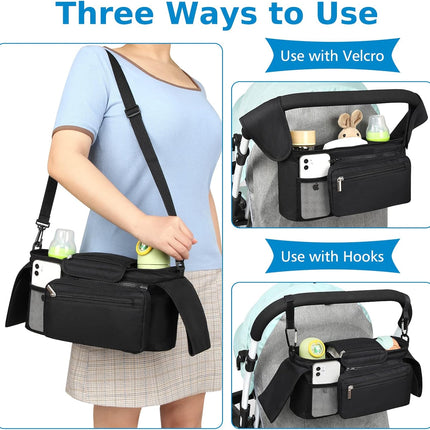 Universal Stroller Organizer with Insulated Cup Holder Detachable Phone Bag and Shoulder Strap,Stroller Bag Caddy Organizer Accessories Fits for Uppababy, Baby Jogger, Britax Strollers