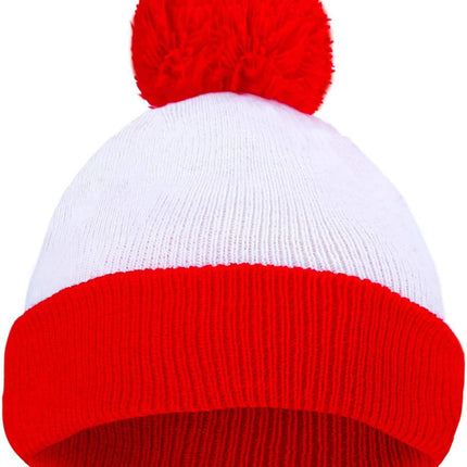 Adult Halloween Red White Beanie Waldo Hat Christmas Pom Pom Striped Knit Hat