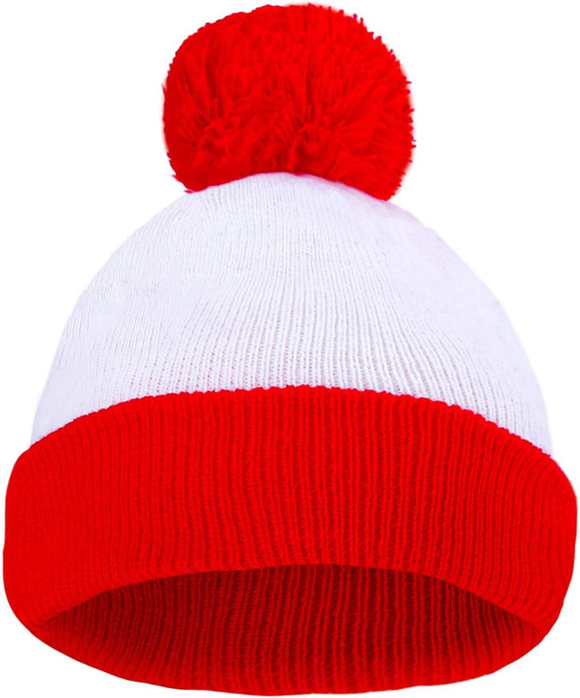 Adult Halloween Red White Beanie Waldo Hat Christmas Pom Pom Striped Knit Hat V1259-DP01-A-4119