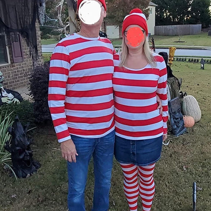 Adult Halloween Red White Beanie Waldo Hat Christmas Pom Pom Striped Knit Hat