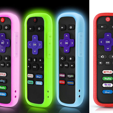 4 Pack Case for Roku Remote, Cover for Hisense/TCL Roku TV Steaming Stick/Express, Silicone Protective Controller Universal Replacement Sleeve Skin Glow in The Dark Pink Green Blue with Lanyards