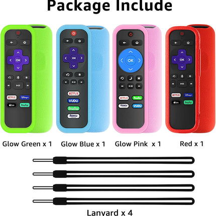 4 Pack Case for Roku Remote, Cover for Hisense/TCL Roku TV Steaming Stick/Express, Silicone Protective Controller Universal Replacement Sleeve Skin Glow in The Dark Pink Green Blue with Lanyards