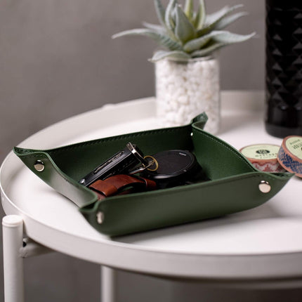 Leather Jewelry Valet Tray for Women and Man, Entryway Table Bedside Nightstand Desk Portable Small Catchall Travel Dish Plate for Key,Wallet,Watch,Phone,Coin(Dark Green-B)