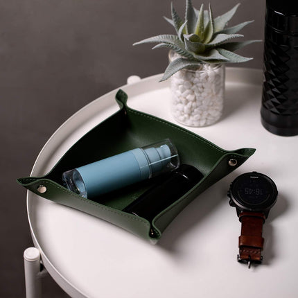 Leather Jewelry Valet Tray for Women and Man, Entryway Table Bedside Nightstand Desk Portable Small Catchall Travel Dish Plate for Key,Wallet,Watch,Phone,Coin(Dark Green-B)