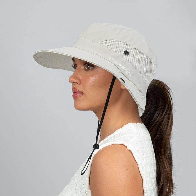 Sun Hat for Women Summer UV Protection Beach Hat Wide Brim Mesh Bucket Fishing Hat with Ponytail Hole – product detail