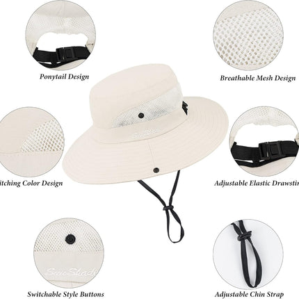 Sun Hat for Women Summer UV Protection Beach Hat Wide Brim Mesh Bucket Fishing Hat with Ponytail Hole Foldable Packable Hat